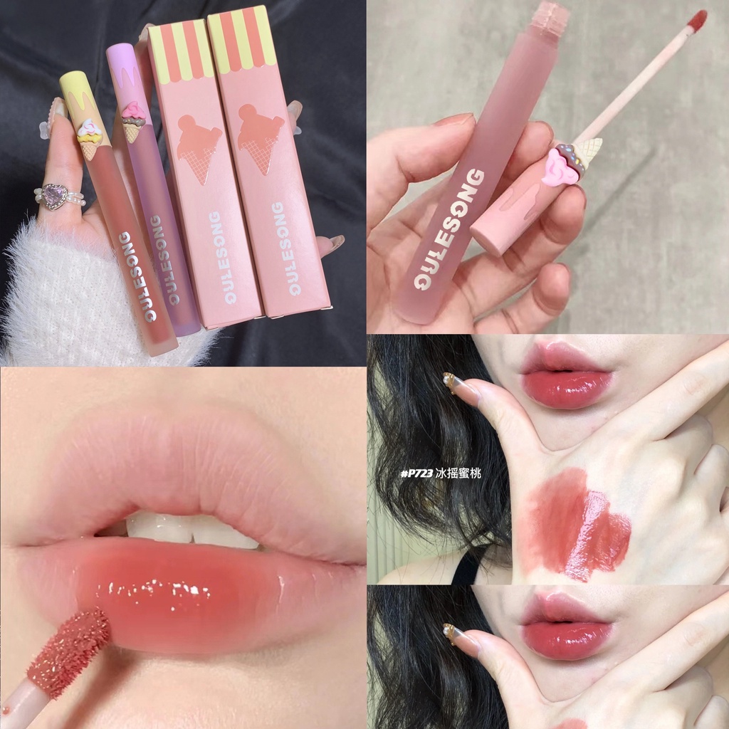 OULESONG Son Môi Dưỡng Ẩm Chống Dính Không Phai Màu Thiết Kế Hình Cây Kem Trái Tim