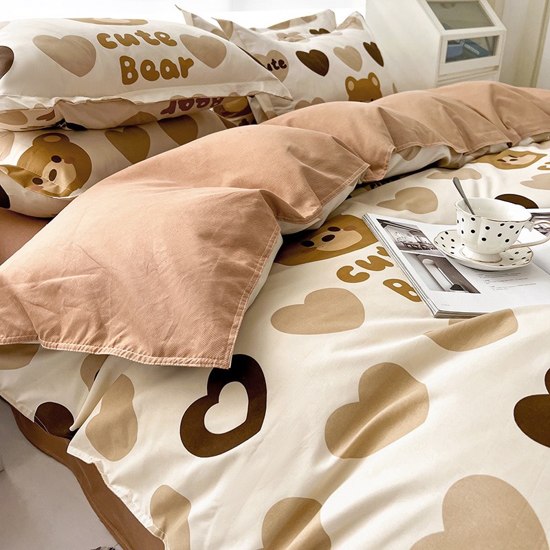 Bộ chăn ga gối cao cấp ETAMI cotton poly Gấu tim nâu new miễn phí bo chun ga trải giường (chưa kèm ruột)