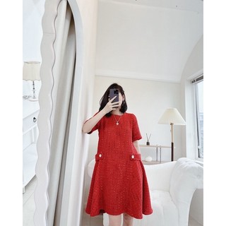 Váy dạ tweed đai eo dáng xoè