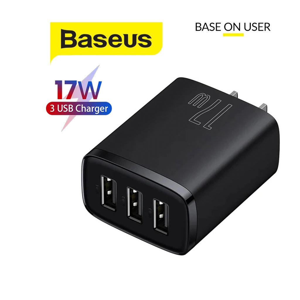 Cốc sạc Baseus Compact Charger sạc nhanh 17W chân cắm dẹt 3 cổng USB ( Đen )