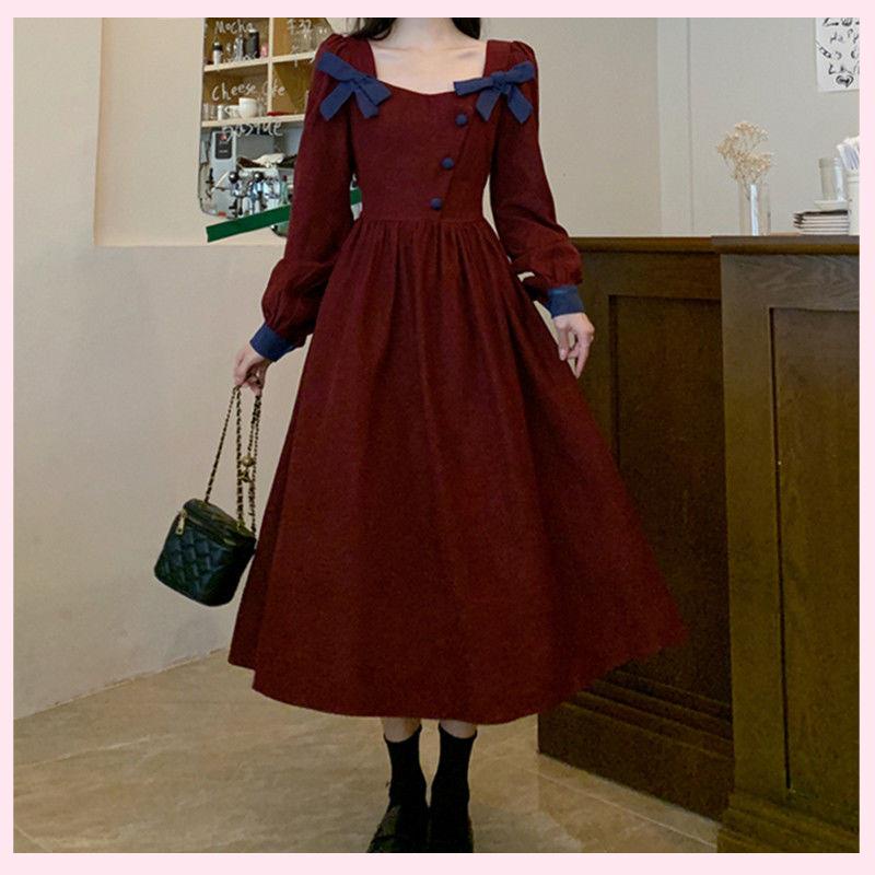 🎀váy babydoll dáng dài váy dài tay thu đông váy thu đông Đầm Nhung Cổ Vuông Cao Cấp Đính Nơ Màu Đỏ Phong Cách Retro Pháp Thời Trang Thu Đông Mới 2022