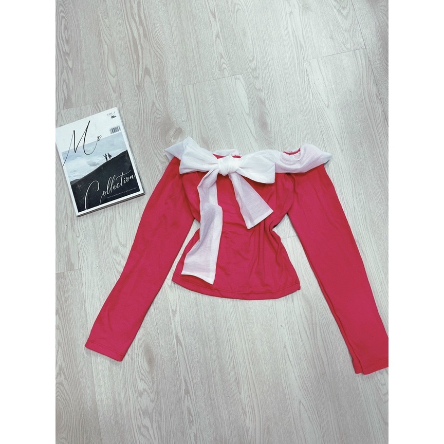 Áo kiểu bẹt vai viền voan nơ ngực tay dài cực hot , chất thun bozip dày dặn mềm mát