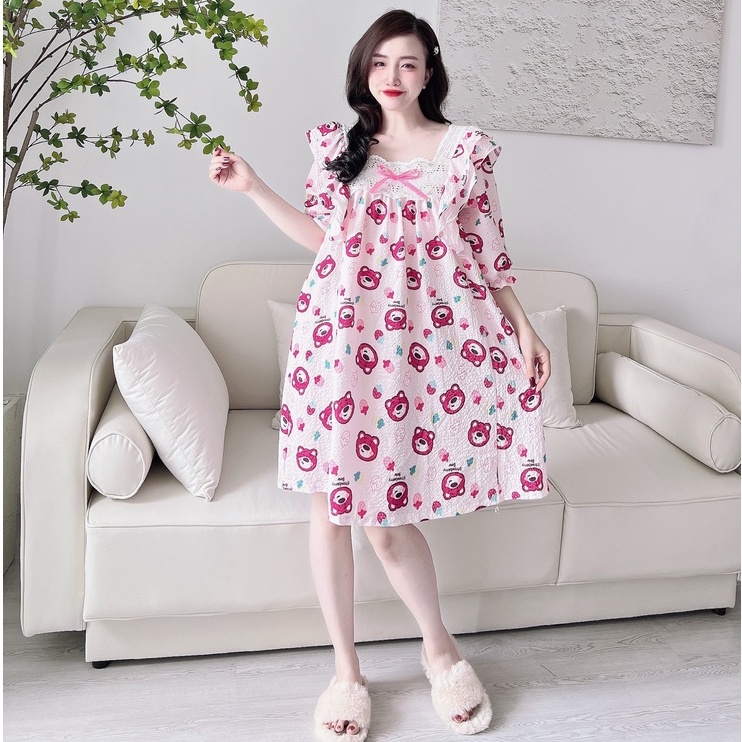 Váy Ngủ Tiểu Thư SOJUN Đầm Đũi Xốp Phối Ren 45-70kg freesize