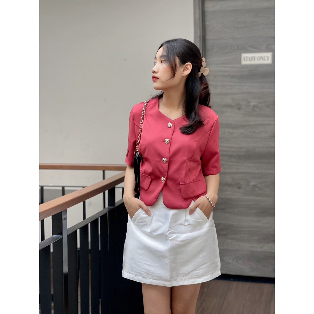 (HÀNG SẴN) Áo sơmi dáng croptop tay lở - Áo Khoác phối nút đồng &amp; túi giả xinh xắn mặc được nhiều kiểu