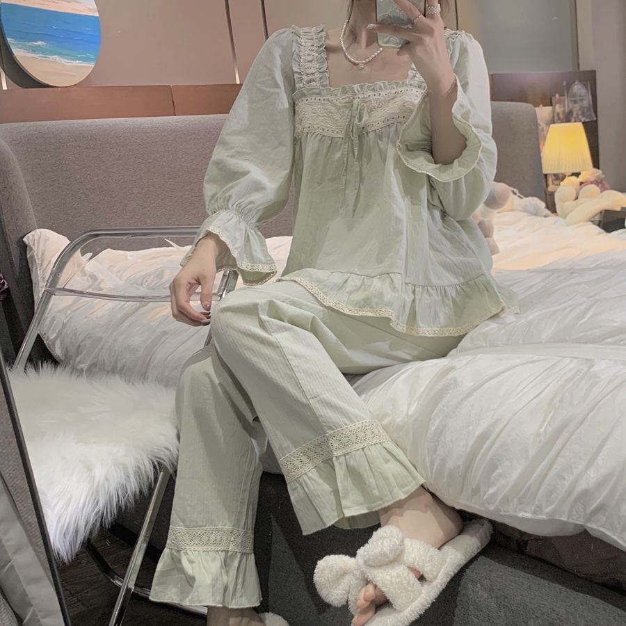 Bộ Đồ Ngủ Tay Dài In Họa Tiết Công Chúa Dễ Thương Thời Trang Xuân Thu Cho Nữ