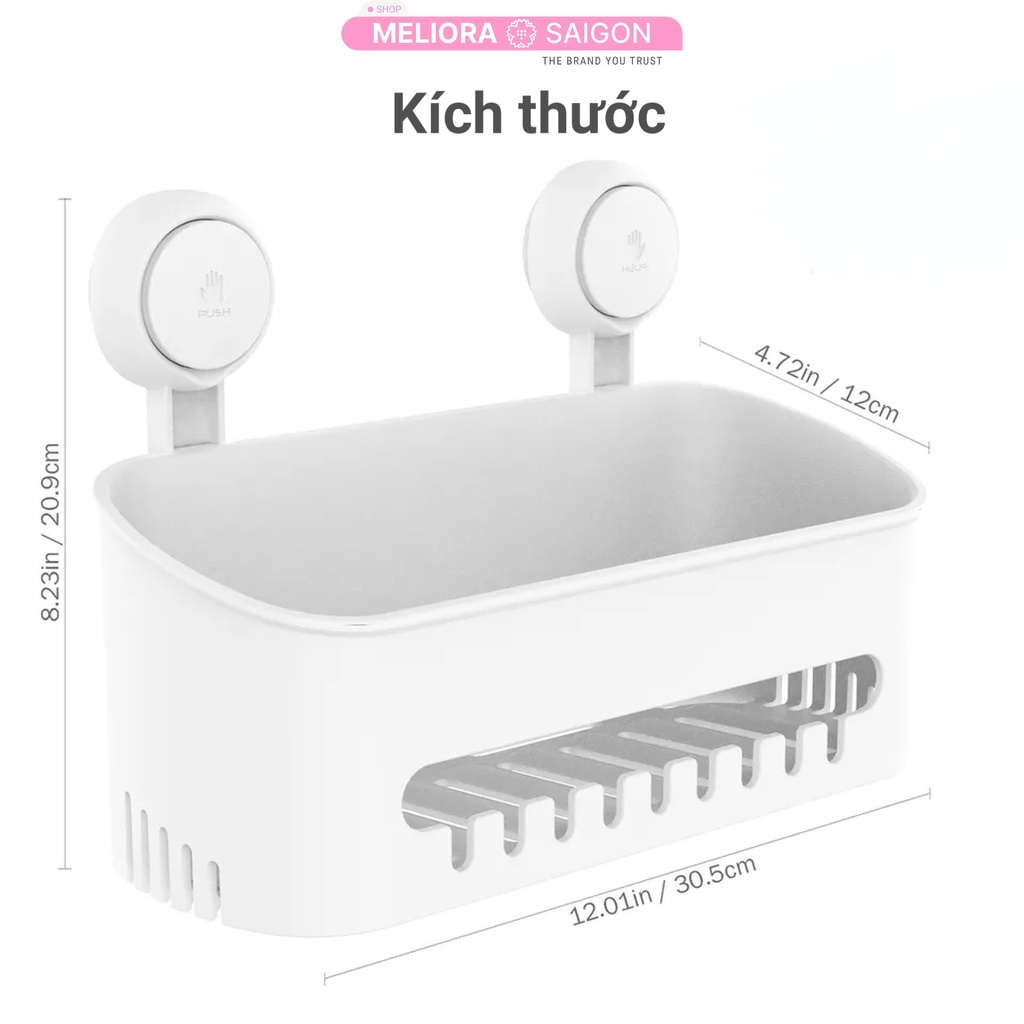 Kệ phòng tắm cao cấp MELIORA không khoan tường tải treo 10kg chống nước tái sử dụng hút chân không treo tường SG558