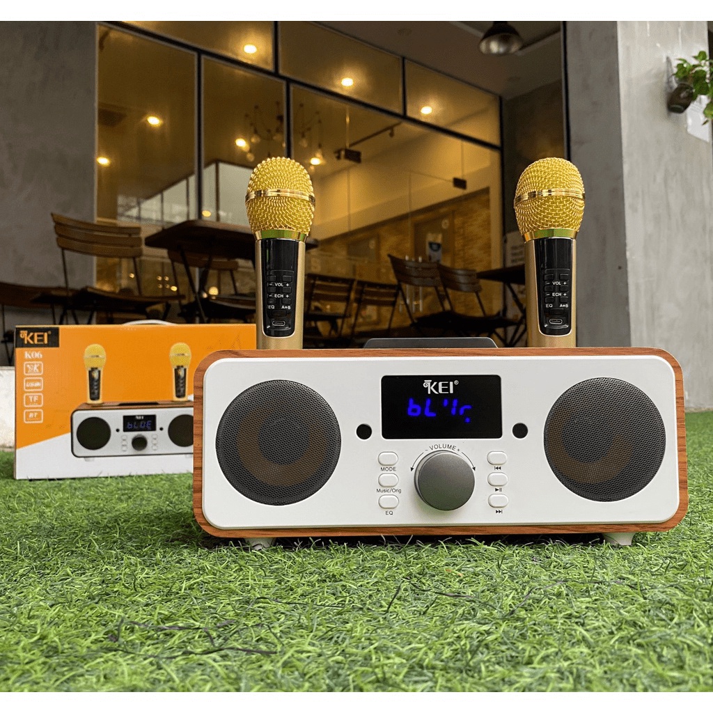 Loa karaoke bluetooth KEI K06 - Sạc pin ngay trên micro - Tặng kèm 2 micro không dây có màn hình LC