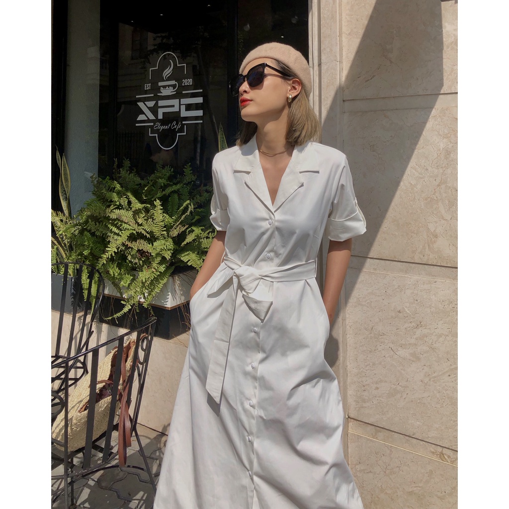 Đầm sơ mi dáng dài form A kèm dây đai (Trắng)_Aderose ĐSM1222T-01