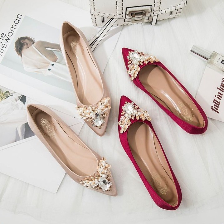 Giày Búp Bê Mũi Nhọn Đế Bằng Đính Đá Trang Trí Lấp Lánh Size 33-46 Thời Trang Cho Nữ Size 33-44