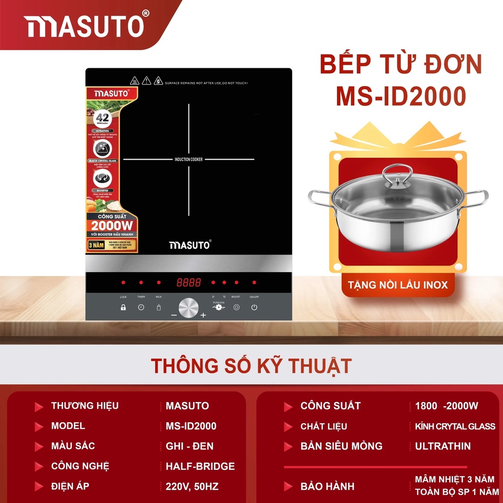 Bếp điện từ đơn cảm ứng Masuto MS-ID2000 kính cường lực siêu bền- Tặng kèm nồi lẩu