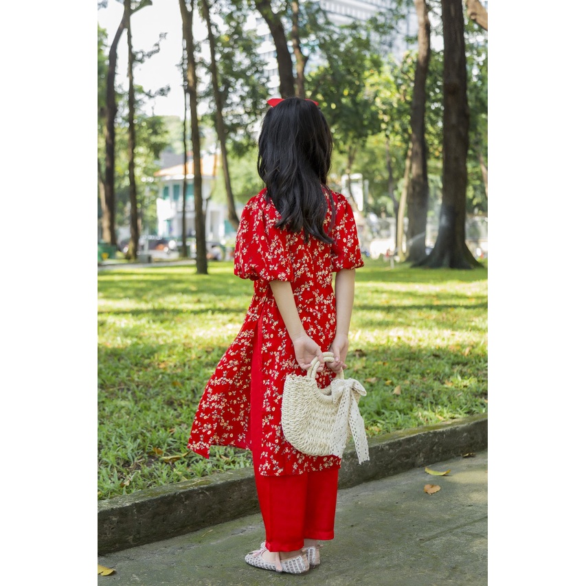 Áo dài cho bé gái - áo dài cách tân cho bé gái thiết kế tay phồng hoạ tiết Bách Hoa Xuân chất liệu lụa mango cao cấp