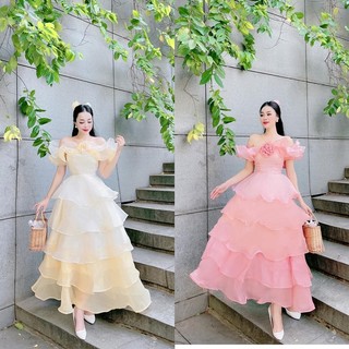 Váy trễ vai phối màu