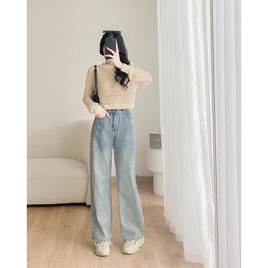 Quần Jeans Dáng Suông MYAN Lưng Cao Ống Rộng Bạc Gối Màu Xanh Q042303 (5125)