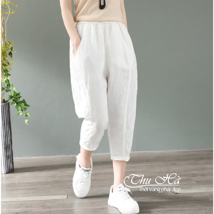 Quần baggy nữ Hàn Quốc chất liệu đũi tơ mềm nhẹ mát form thoải mái Thu Hà QNH.29