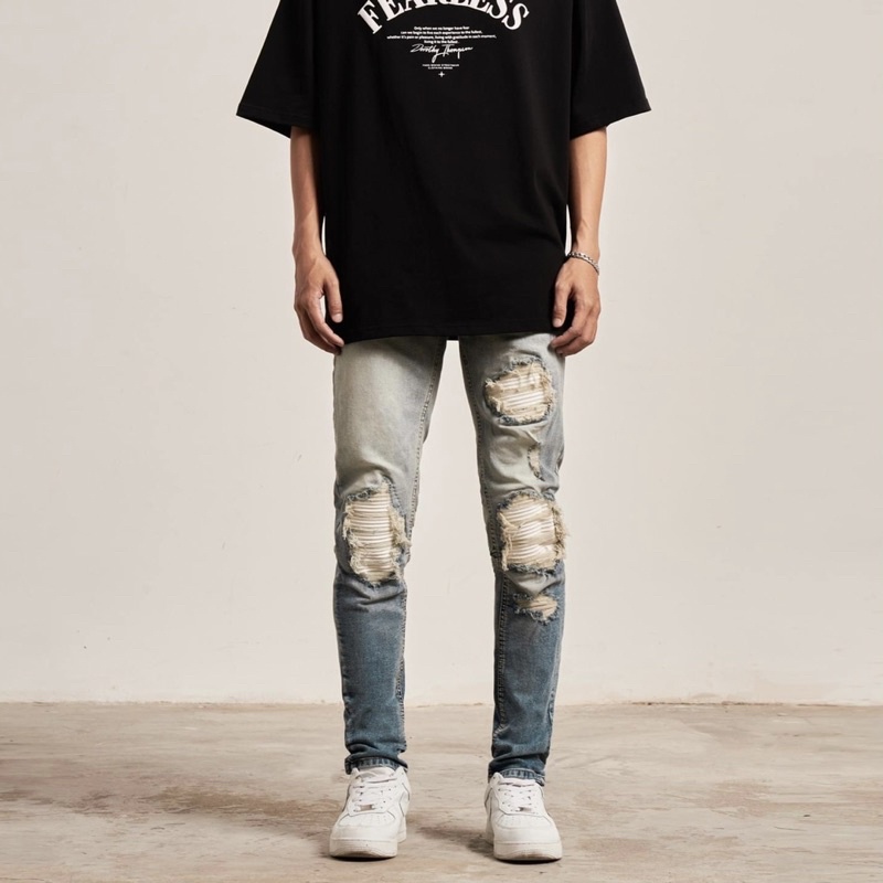 Quần jean nam biker cao cấp màu xanh vintage KQ42, form slimfit ôm vừa, chất jean co giãn thoải mái.