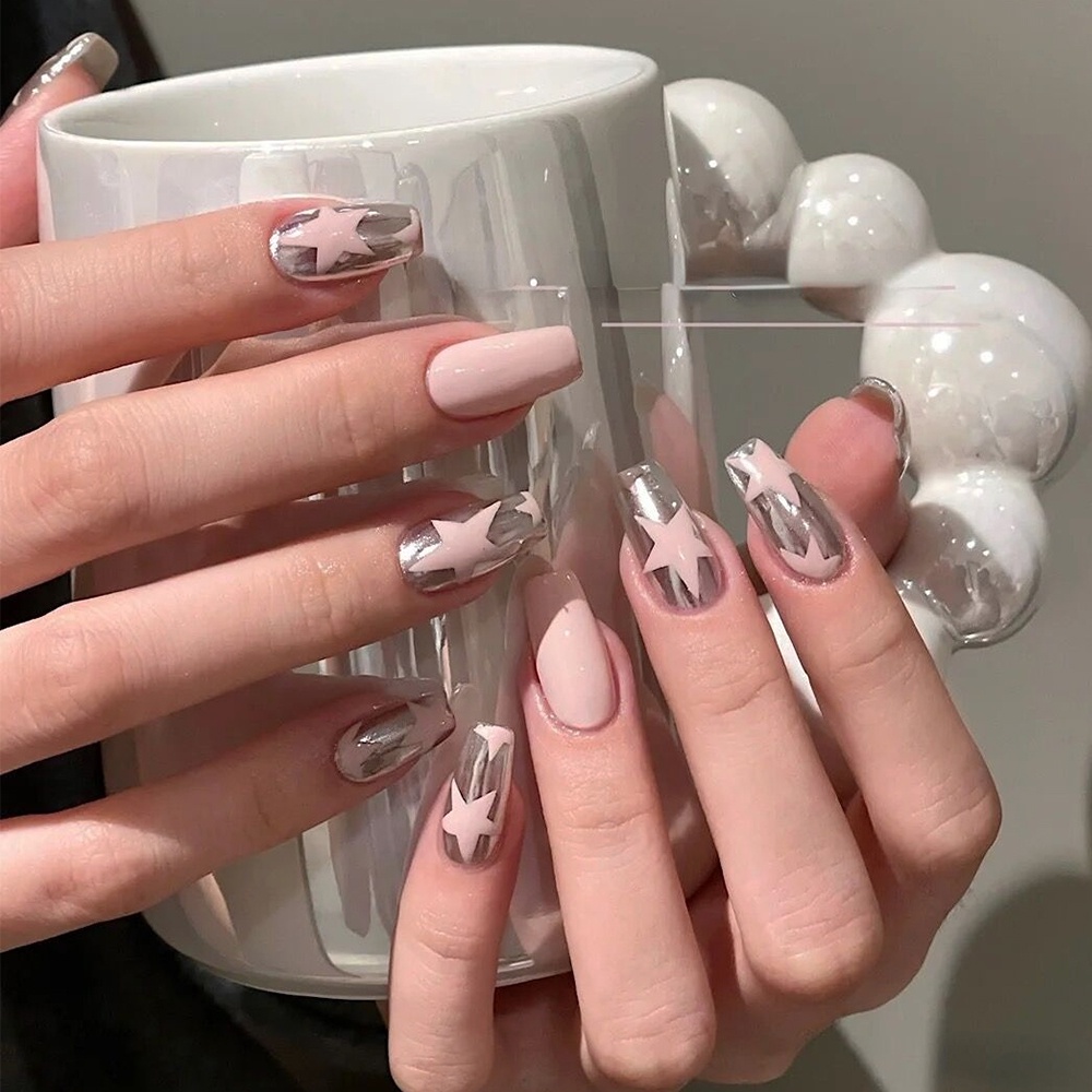 Nhãn Dán Móng Tay Dạng Trượt Tự Dính Hình Ngôi Sao / Trái Tim Màu Bạc / Hồng Xinh Xắn