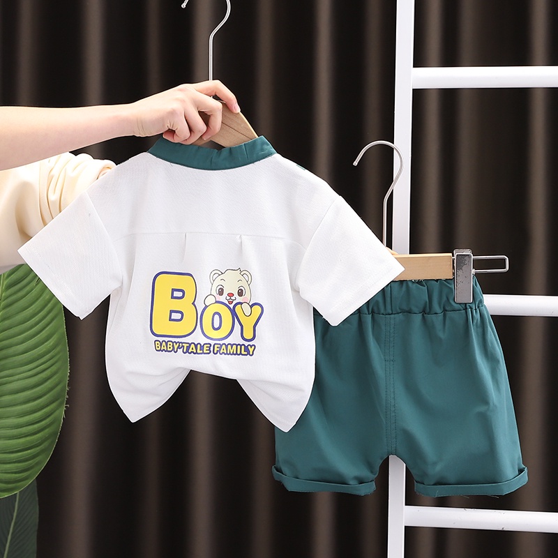 Set Áo Thun Tay Ngắn & Quần Short Cotton In Hình Gấu Hoạt Hình Mùa Hè Cho Bé Kích Thước 80-120cm