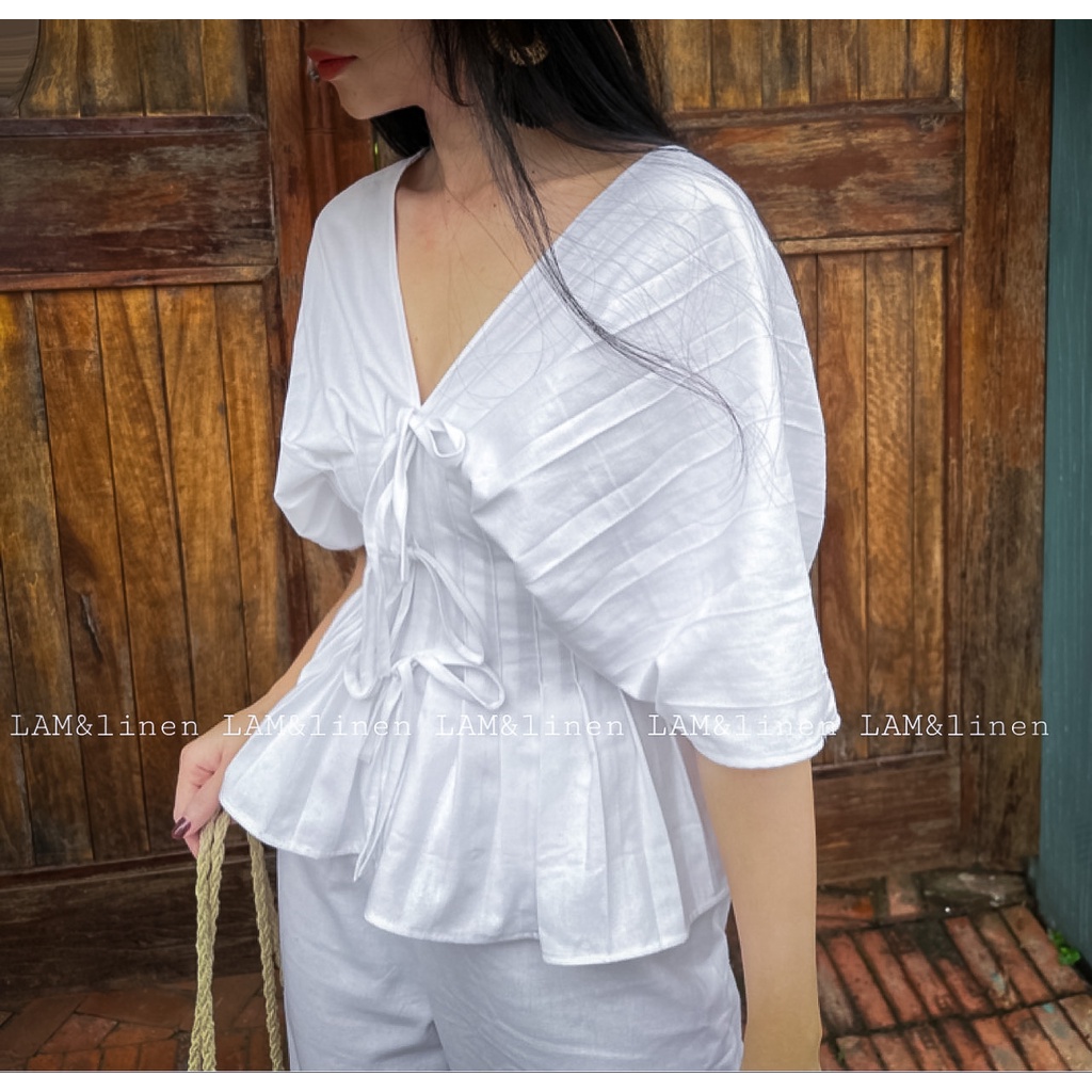 Áo kiểu nữ dáng peplum xếp ly eo Linen