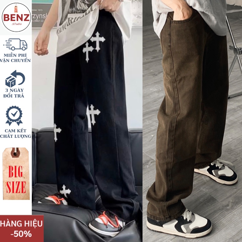 Quần jean nam baggy Chữ Thập thêu ống suông rộng , Quần bò Xanh - Xám phom xuông cao cấp SR01 hottrend 2022