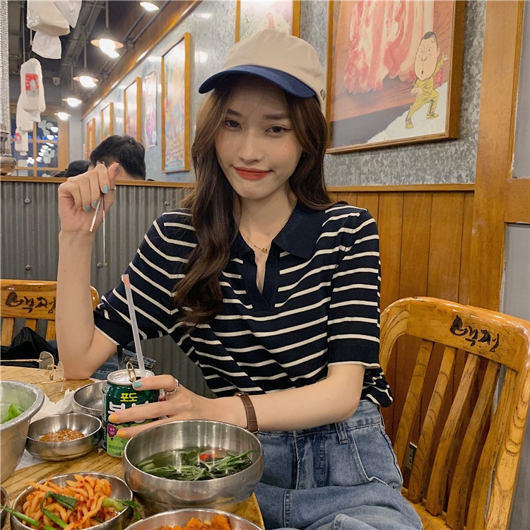 Porozi  Áo thun polo  tay ngắn cổ chữ V họa tiết kẻ sọc thời trang Hàn Quốc cho nữ