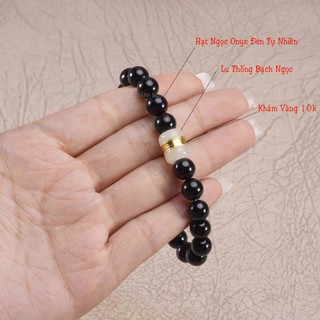 Chuỗi vòng onyx đen, size hạt 8-10mm, charm lu thống bạch ngọc - phong thủy thành đô