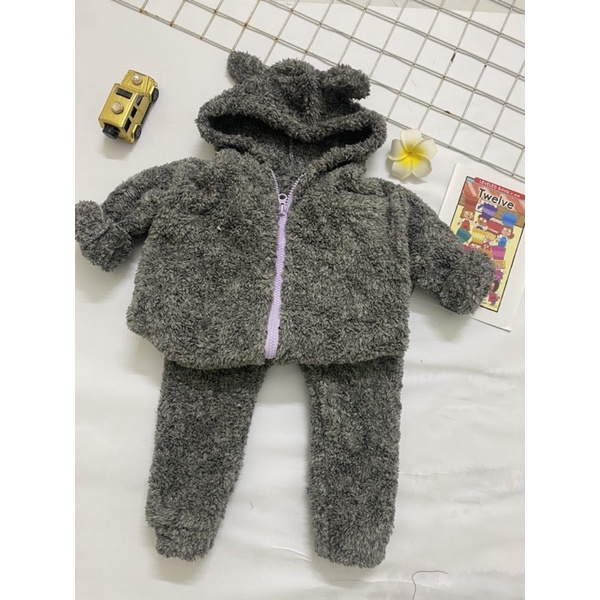 Bộ lông cừu hai mặt, mũ tai thỏ có khoá kéo cho bé