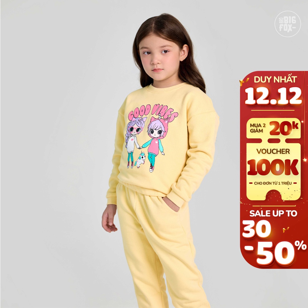 Bộ thu đông bé gái Bigfox Miss Meow size đại, bộ nỉ cho bé vải nỉ bông dày dặn in hai cô gái Good Vibes size 3,4…11 tuổi