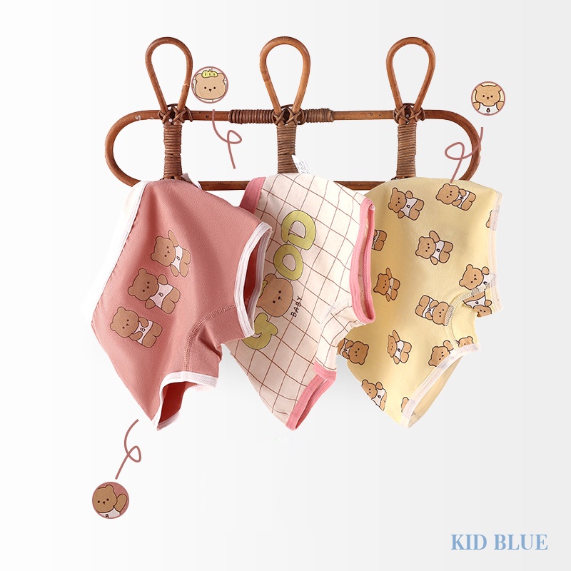 Quần Lót Lụa Sọc Ca Rô Kháng Khuẩn Kiểu Hoạt Hình Gấu Đáng Yêu Cho Bé Gái