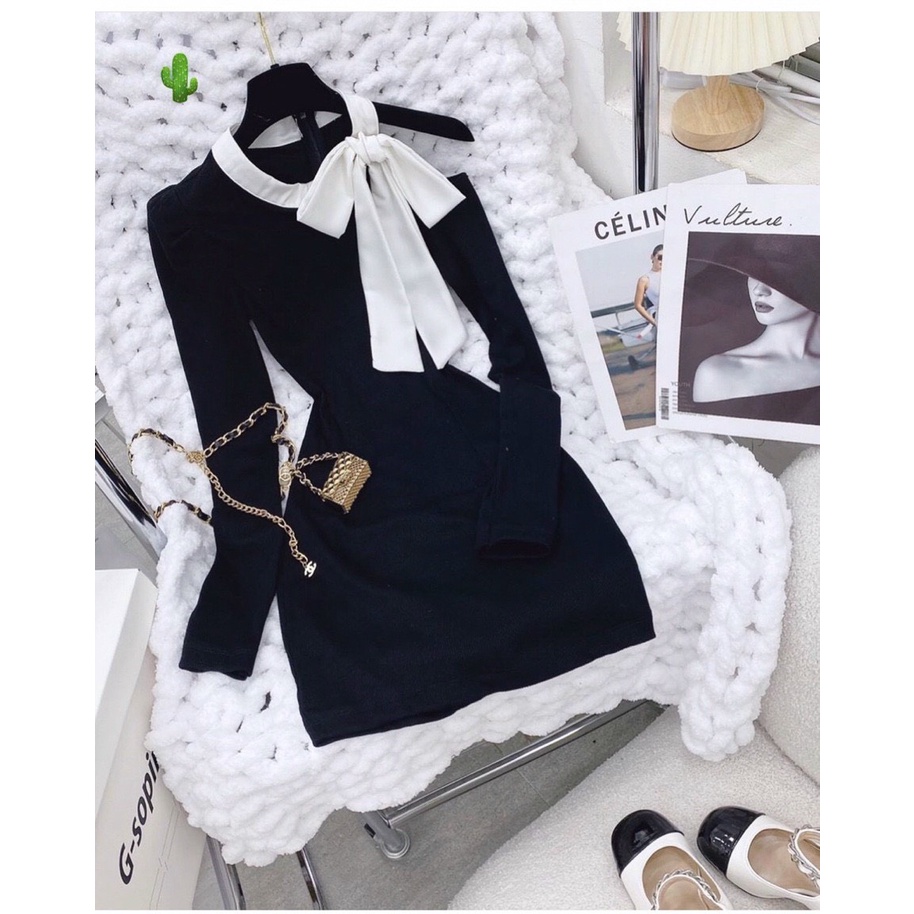 Đầm body nữ dáng ngăn kèm nơ chất thun gân tay dài kiểu trơn khoét 1 bên vai xinh xắn