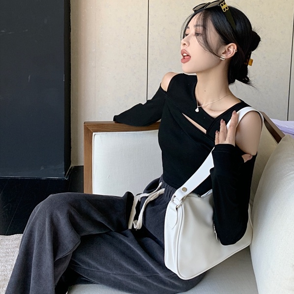 Áo thun SUXI trễ vai dáng ôm màu trơn thời trang mùa thu dành cho nữ