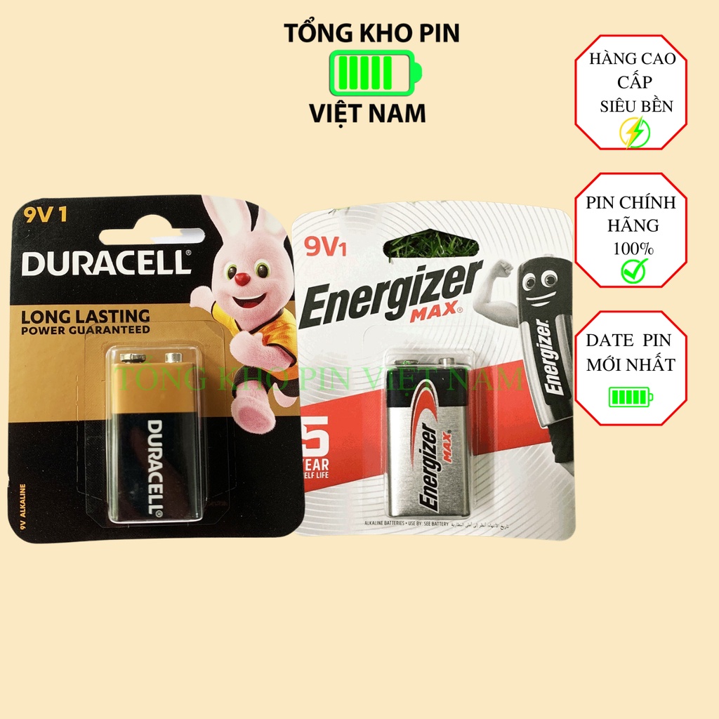 Pin vuông 9V Alkaline Energizer, Duracell, Hàng Chính hãng sư dụng cho các thiết bị như micro, đàn ghita, đồ chơi,...