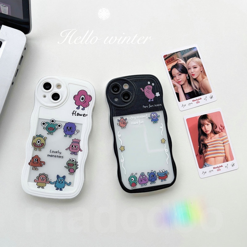 Cartoon Casing For iPhone 14 13 Mini 12 11 Pro Xs max 7 8 Plus X XR 14ProMax 13promax 12promax 11promax Cute Waves Edge Fine Hole Monsters Photo frame Can Placed Photos Tpu Airbag Shockproof Clear Soft Phone Case Cover BW 05