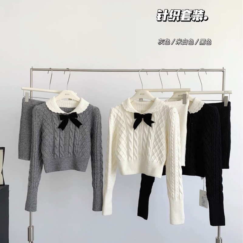 Sét váy len tiểu thư kèm nơ nhung ulzzang od