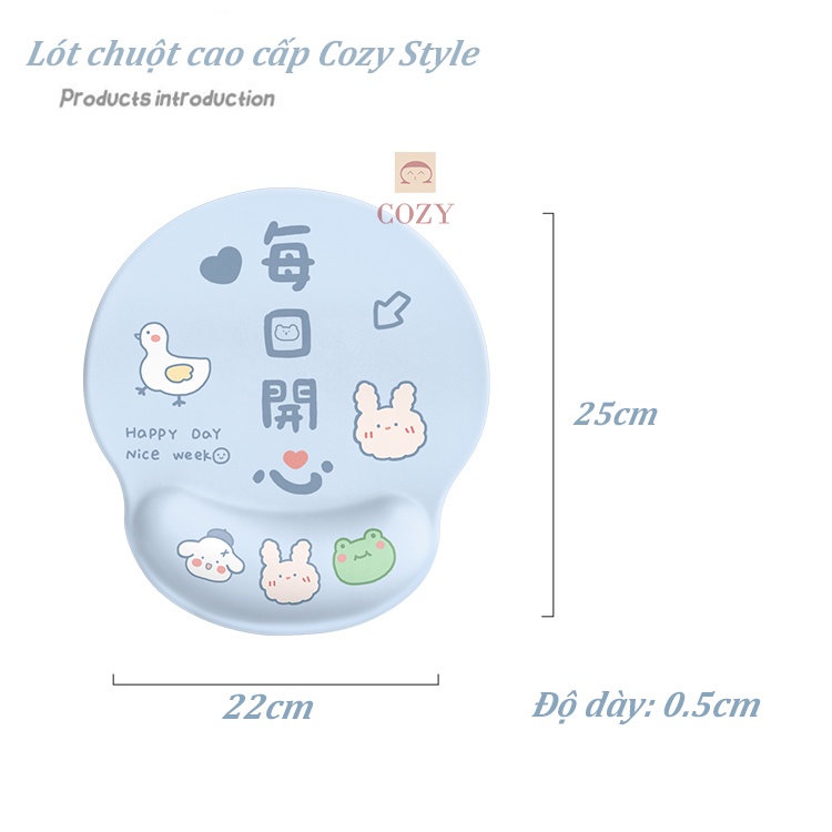 Lót chuột có đệm tay silicone cao cấp Cozy Style kích thước 25x22cm, Pad chuột kê tay họa tiết dễ thương