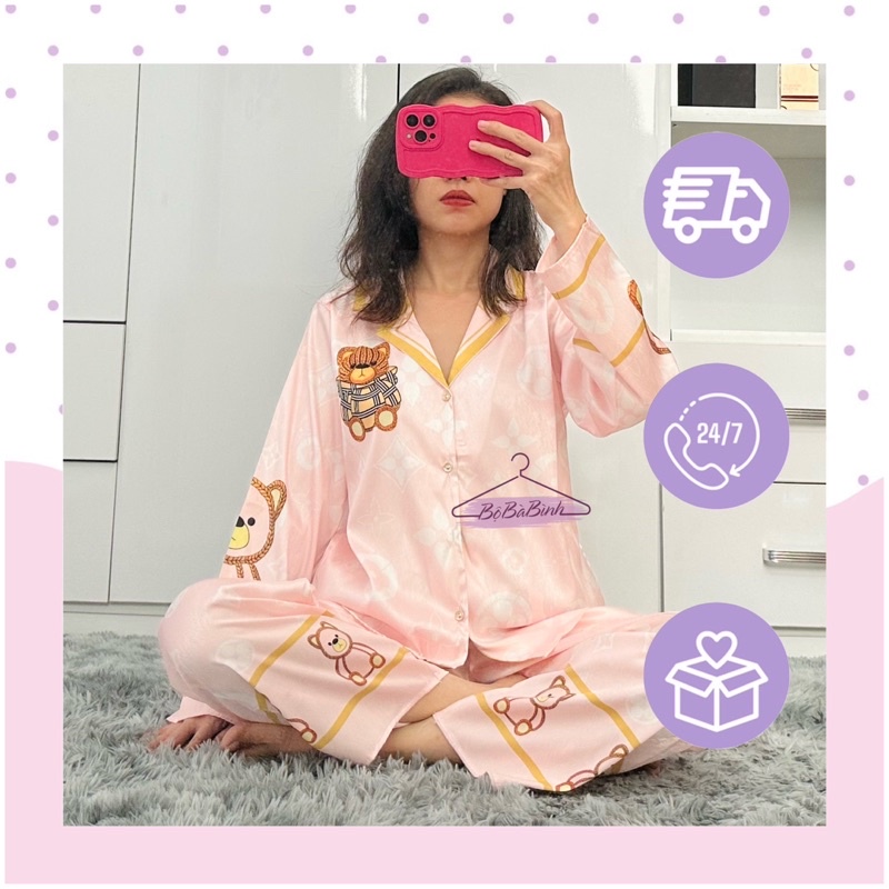 [Có Video - Lụa Xước Loại 2 - Tay Dài] Đồ bộ Piyama Nữ Mặc Nhà Dưới 60kg Mềm Mát Hoạ Tiết Gấu L.V