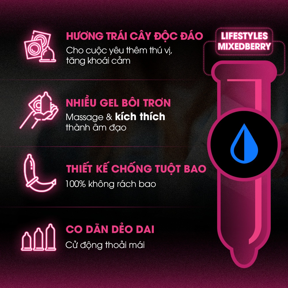 Bao Cao Su Hương Dâu 3 mùi Độc Đáo, Nhiều Gel Bôi Trơn LifeStyles Mixed Berry - Hộp 3 bao