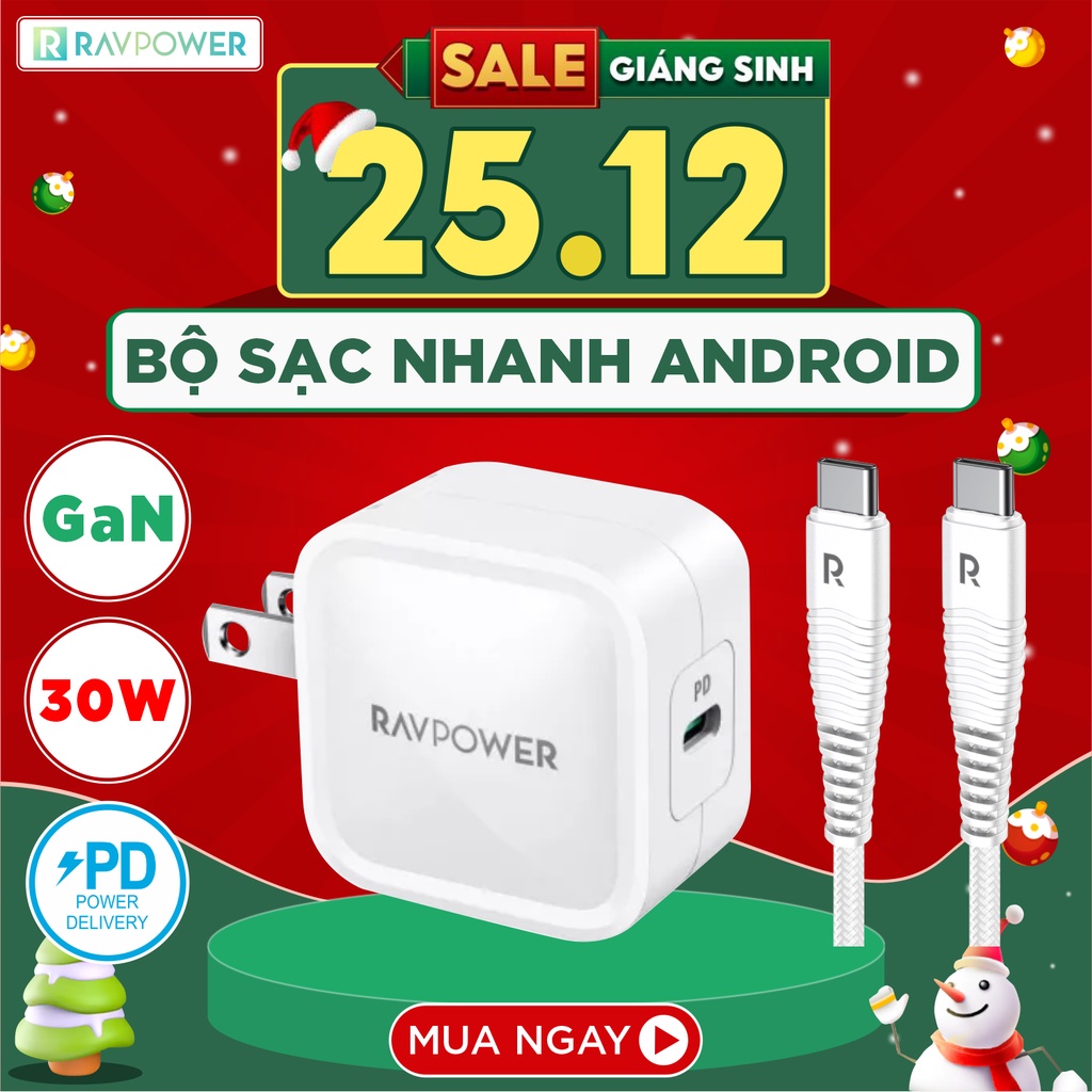 Bộ Củ Sạc Nhanh 30W GaN Nhỏ Gọn RAVPower RP-PC120 Và Cáp Type C to C 60W Dây Nylon Dài 1M RP-CB047-W - Hàng Chính Hãng