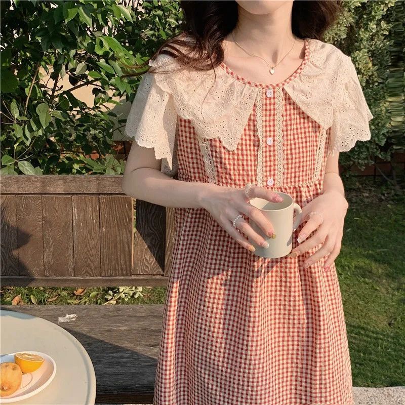 Đầm Ngủ Dáng Rộng Kẻ Sọc Ca Rô Phối Ren Thời Trang Mùa Hè Cho Nữ