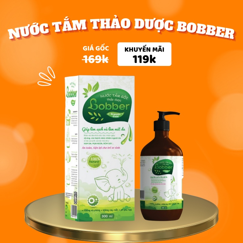 Nước tắm gội thảo dược cho bé Bobber ngừa mụn ngứa, rôm sảy, hăm da hộp 300ml