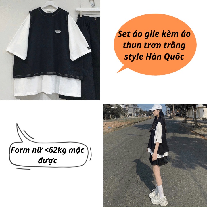 Sét Áo Gile rách kèm áo phông ngắn tay trắng style Hàn quốc basic dưới 60kg chất nỉ SA009- Áo gile trơn đen áo thun cộc