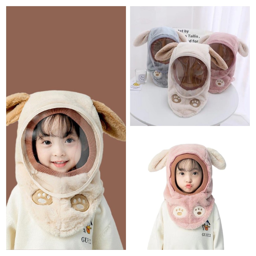 Mũ Trùm Tai Dày Dặn Chống Gió Dễ Thương Kèm Tấm Chắn Trong Suốt Giữ Ấm Mùa Đông Cho Bé
