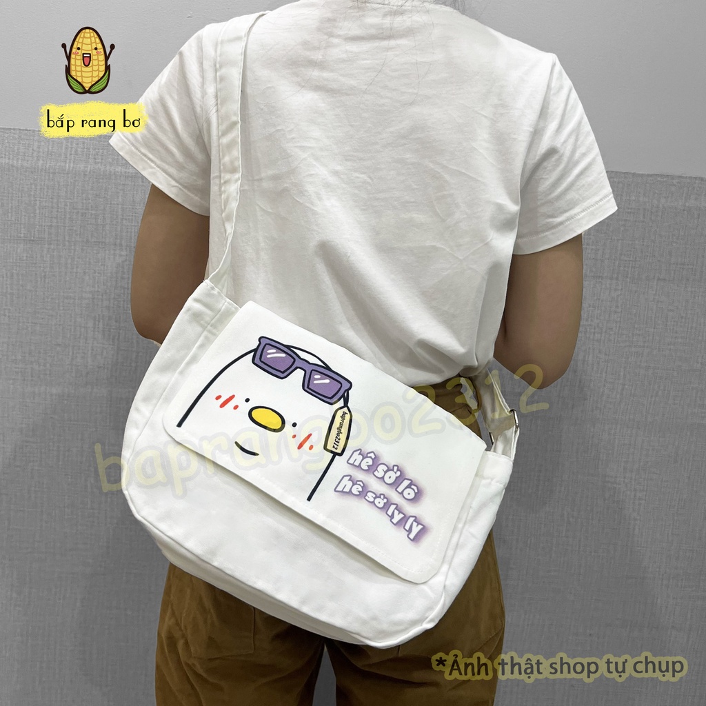 TÚI VẢI ĐEO CHÉO VỊT MẬP CÓ TÚI CON ĐỂ SÁCH A4 TOTE CANVAS ĐI HỌC ĐI CHƠI
