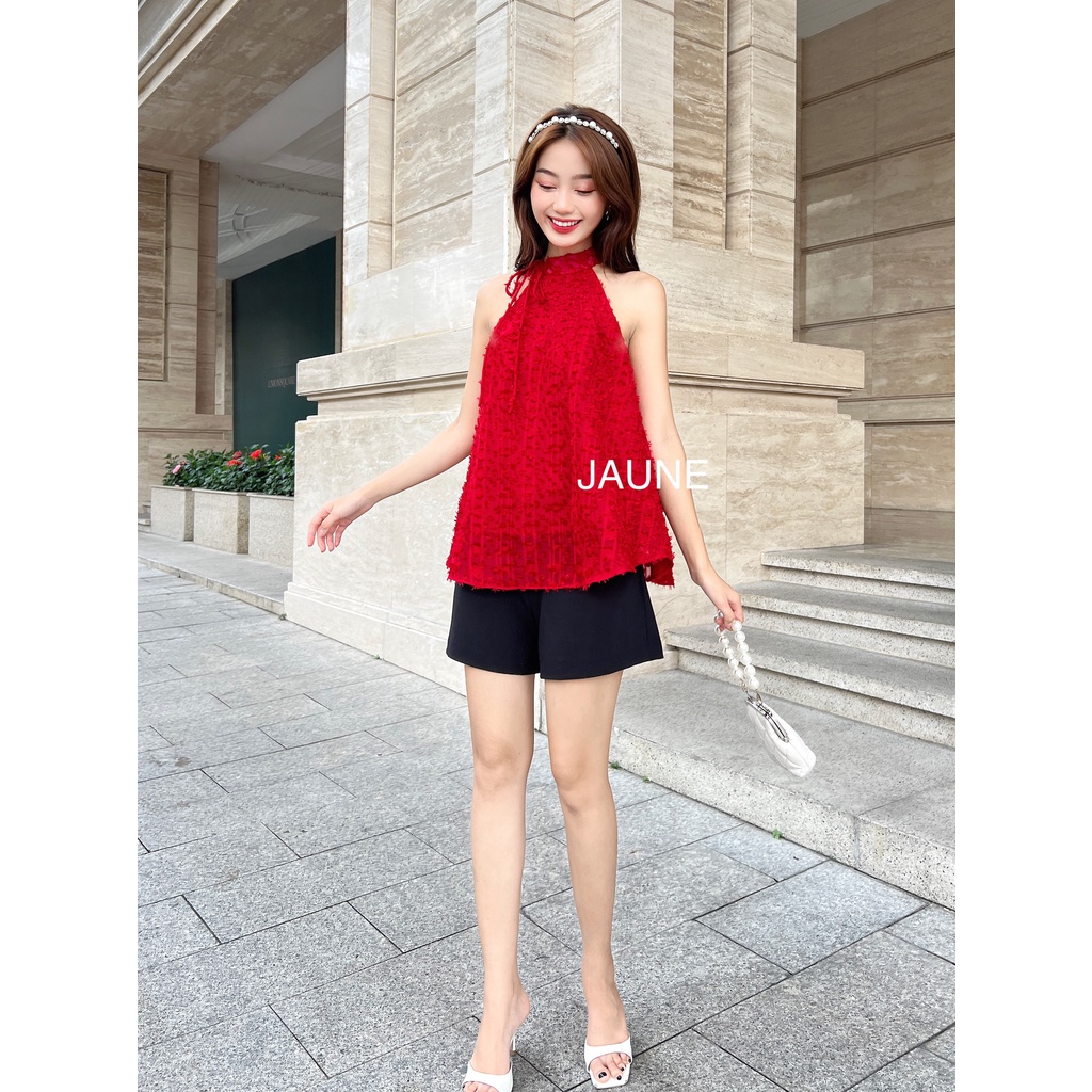 Áo cổ trụ, khoét nách dáng xòe màu đỏ, trắng JAUNE, ELISA TOP