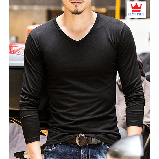 [ Siêu Sale ] Áo thun nam tay dài cổ tim mặc thu đông, giữ nhiệt, chất cotton co giãn, áo dài tay dáng ôm cao cấp