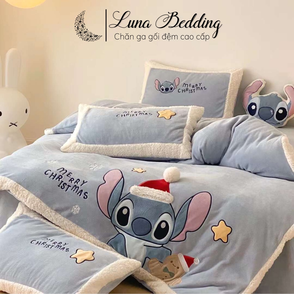 Bộ Chăn Ga Gối Nỉ Nhung Mịn Disney Stitch Đón Giáng Sinh Luna Bedding