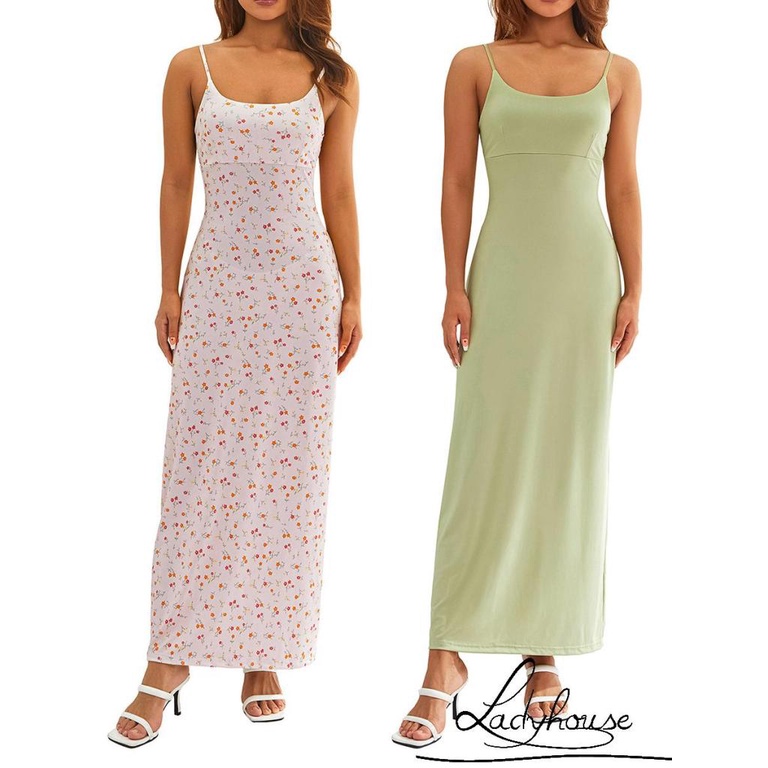 Ldd-đầm Dài Đến Mắt Cá Chân Hai Dây Không Tay Màu Trơn / Hoa Có Thể Điều Chỉnh