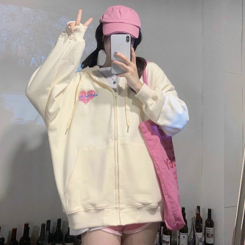 Áo khoác nỉ hoodies form rộng unisex cao cấp vải nỉ ngoại, Áo hoodies in logo trái tim kéo zip có nón ba màu cực xinh