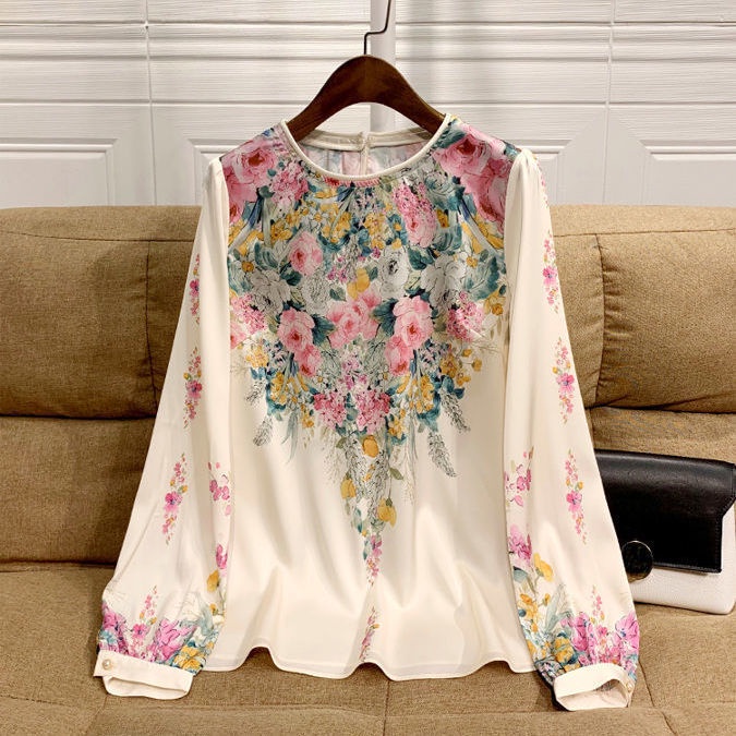 New Women Printed Shirts Long Sleeve Blouse O-Neck Loose Casual Lady Tops