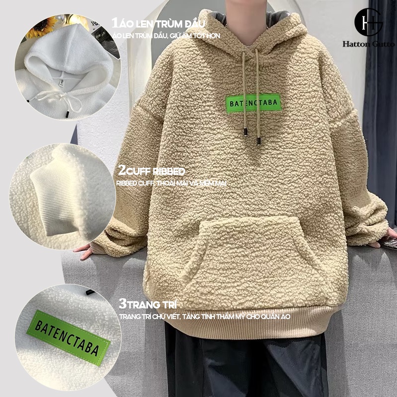 Hattongutto COD OOTD Áo Khoác hoodie Lông Cừu Dày Dặn Dáng Rộng Thời Trang Thu Đông Cho Nam Giới