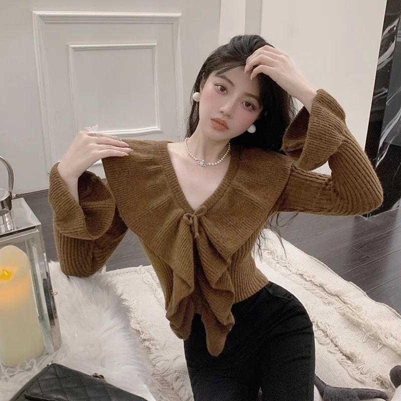 Áo Sweater Dệt Kim Trễ Vai Tay Dài Dáng Ôm Thời Trang Thu Đông Hàn Quốc